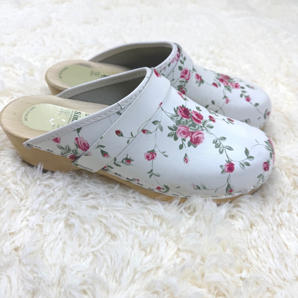 Simson Floral Clogs Women Size 39 White Pink Rose Wooden Cottagecore Holland